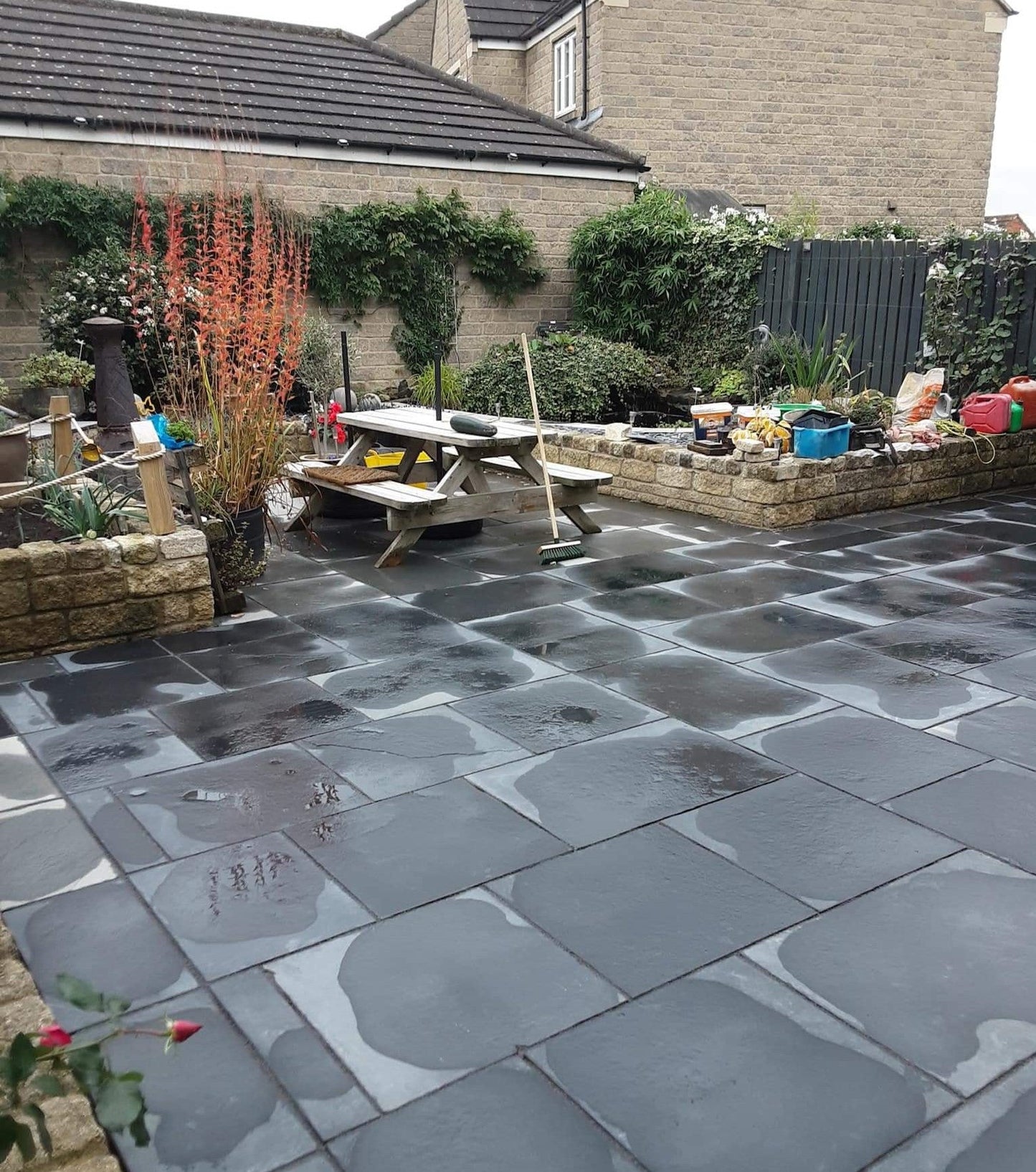 Black Natural Indian Limestone Paving Slabs - Riven - Sawn Edge - 600x600 - 22mm