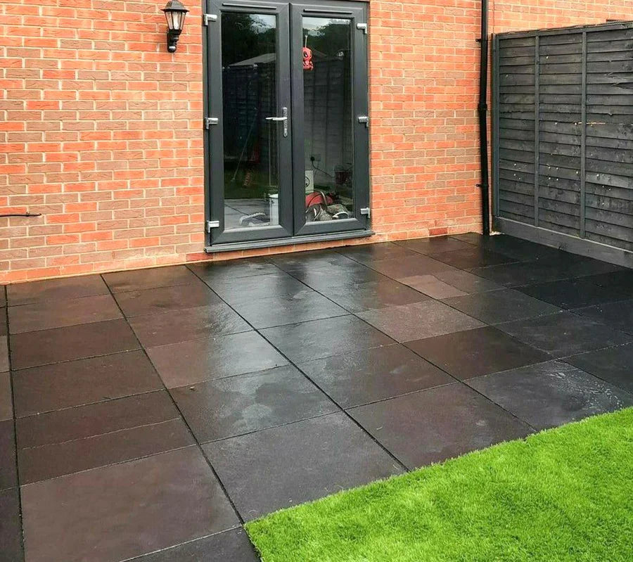 Black Natural Indian Limestone Paving Slabs - Riven - Sawn Edge - 600x600 - 22mm